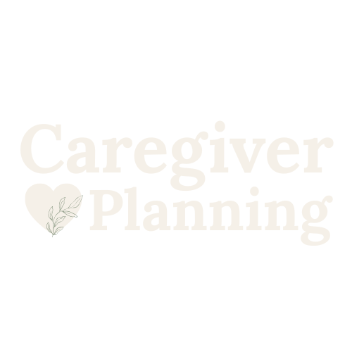 Light colored version of the Caregiver Planning Logo with cream- colored text, a cream-colored heart icon, and cream-colored plant growing up through the heart icon