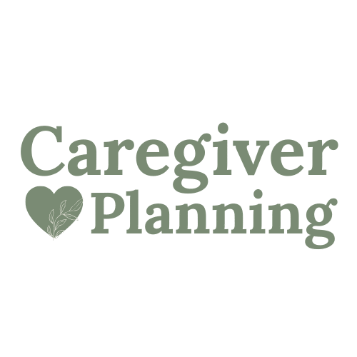 Caregiver Planning Logo with green text, a green heart, and a cream-colored plant growing up through the heart